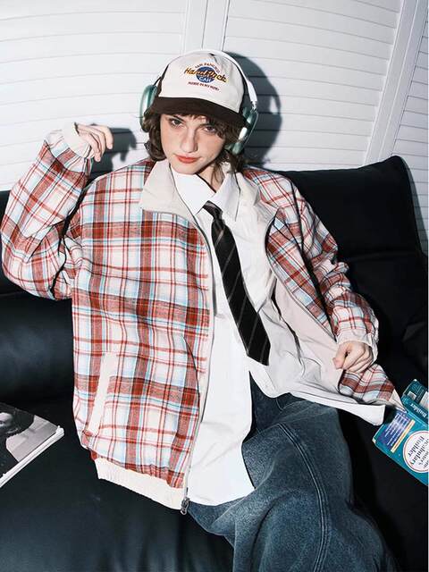 Afraid of trouble American retro two-sided stand-up collar jacket for women 2025 spring plaid versatile workwear couple jacket