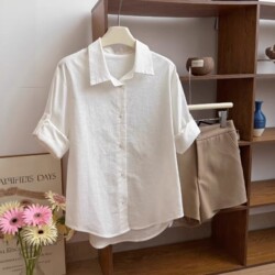 French-Style White Cotton-Linen Shirt with Regular Shoulders and Short Sleeves for Women, Spring/Summer Thin Casual Elegant Old Money Style Shirt, Chic Top