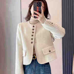 Pink small fragrance style double-sided cashmere coat for women short 2025 new high-end style round neck wool jacket