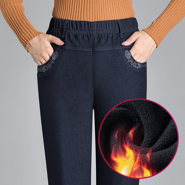 Middle-aged and elderly women's jeans, winter mom pants, thickened velvet, outer wear straight pants, high-waisted elastic granny pants