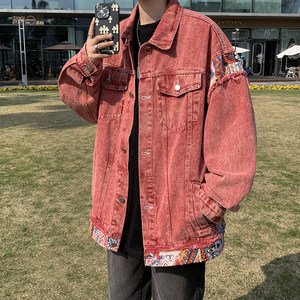 American ancient dirty pink stitching denim jacket men's autumn and winter design sense loose jackets, handsome couple tops