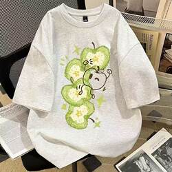 ins Niche Green Apple Print Pure Cotton Short-Sleeve T-Shirt for Women, New Summer Style ins Versatile Top for Older Children