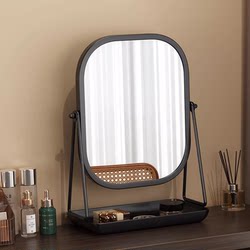 Light Luxury Style Wrought Iron Makeup Mirror, Desktop Vanity Mirror for Home Use with a Base, Rotatable and Storage-Friendly