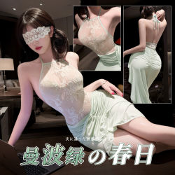 Sexy and Alluring Bedwear, High-End Pure Desire Style Lingerie, Mint-Colored Mambo Open-Crotch Bodysuit, Irregular Skirt Set