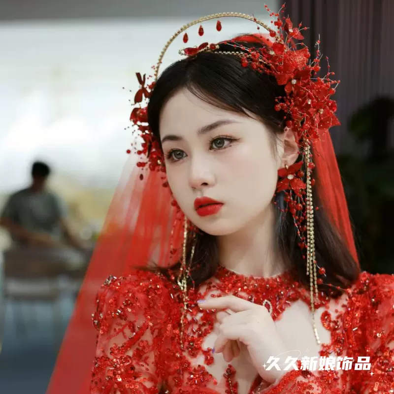 新中式新娘红色礼服发饰喜字气质耳环敬酒晨袍发簪金色扇子头饰品