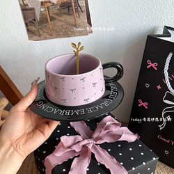 Romantic Girly Hand-Painted Bow Mug, High-Quality Ceramic Coffee Cup and Saucer, Perfect as a Birthday Gift for a Good Friend