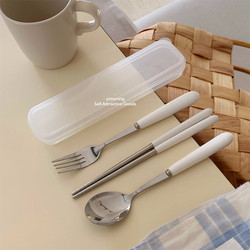 Yimuning Simple Cream Style Portable Chopsticks and Spoon Three-Piece Set Stainless Steel Ceramic Handle Student Work Travel Tableware