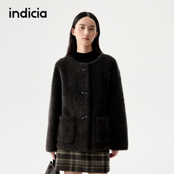 
indicia mark sherpa round neck sheep wool short coat 25 winter new women's wear L2D5WT259