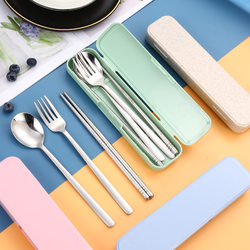 304 Stainless Steel Portable Tableware Three-Piece Set Chopsticks Spoon Set for Students Individual Use with Storage Box for Outdoor Travel