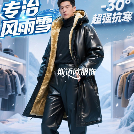 
Extended leather jacket and leather pants suit men's plus velvet thickened outdoor windproof waterproof warm cold-resistant leather jacket work clothes