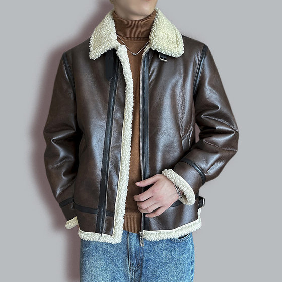 
2026 Winter New Men's Leather Jacket Fashion Casual Lapel Thickened Fur One-piece Youth Leather Jacket Coat Factory