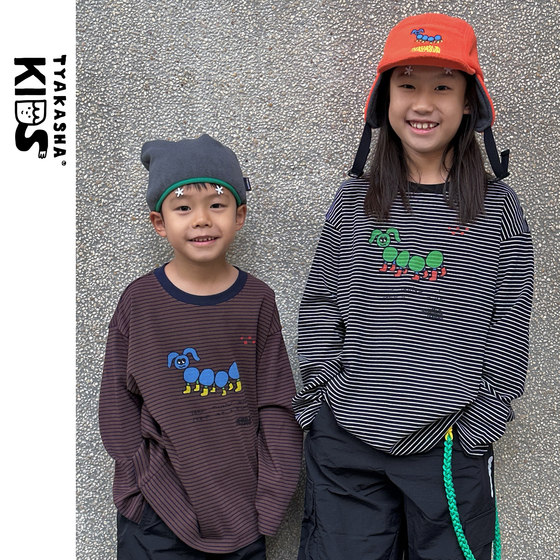 
TYAKASHAKIDS Takasha children's clothing tops 2025 autumn and winter boys and girls striped T-shirt loose long-sleeved T-shirt