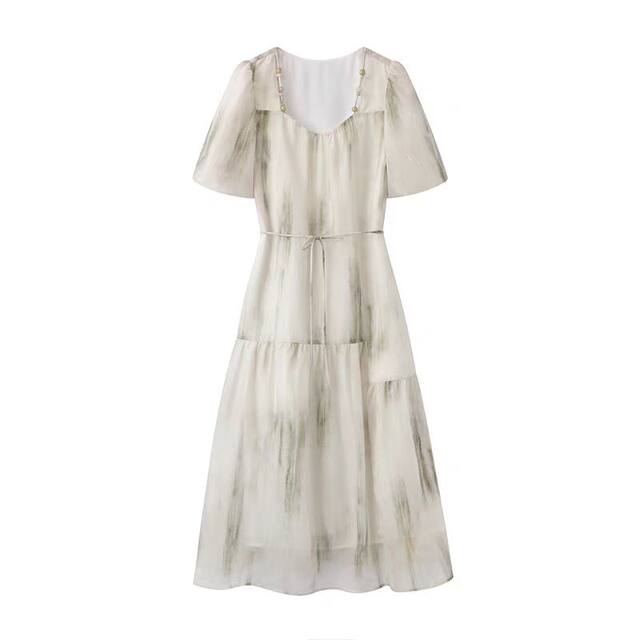 Shadow system! French square collar puff sleeves fresh dress for women 2025 summer new smudge gradient waist-hugging skirt
