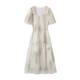 Shadow system! French square collar puff sleeves fresh dress for women 2025 summer new smudge gradient waist-hugging skirt