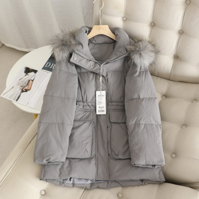 Lemon + white goose down! Fashionable and versatile big fur collar hooded simple waisted mid-length down jacket for women in winter