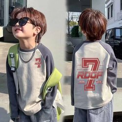 Boys' Pure Cotton Color-Blocked Long-Sleeve T-Shirt, Spring and Autumn Base Shirt, New Style for Boys, Trendy and Versatile Raglan Top for Older Children
