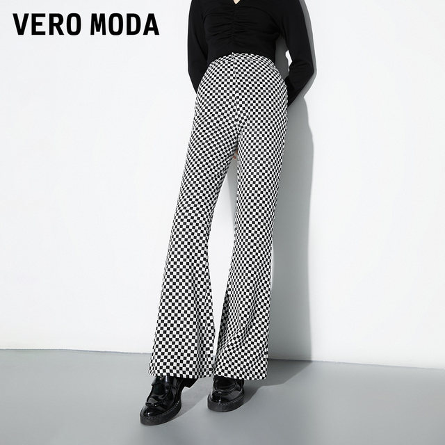 Vero Moda Outlet casual pants autumn and winter clearance trend chess board draped hot girl flared long trousers for women

