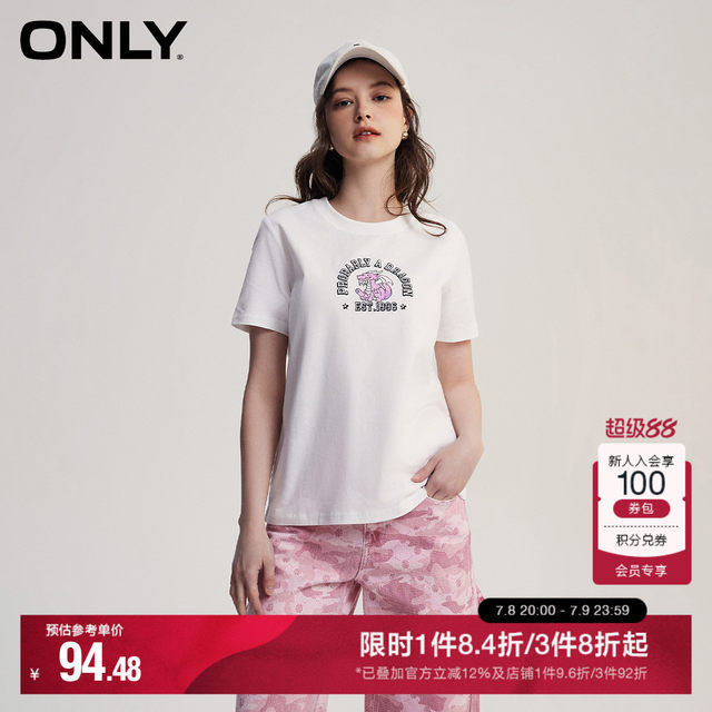 ONLY Summer Simple Casual Versatile Round Neck Printed Embroidered Short Sleeve T-shirt for Women