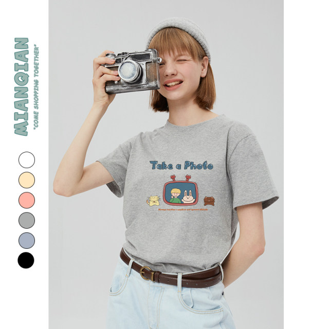 Cotton and Japanese cute cartoon gray, short -sleeved short -sleeved T -shirt female pure cotton loose summer small half -sleeve top
