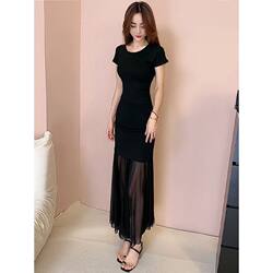 Summer New Style Black Mesh Splicing Women's Dress, Slimming and Elegant Design, Slim Fit, Niche Hot Girl Long Dress