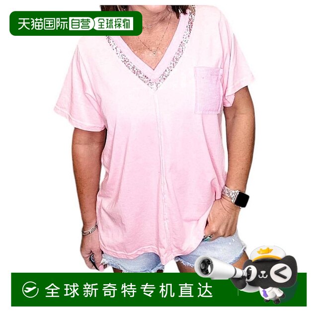 POL brand retro washed short-sleeved pocket T-shirt pink, fashionable, comfortable and versatile