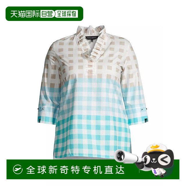 ming wang women shirt lace ruffled cotton linen 7-quarter sleeve plaid pure cotton
