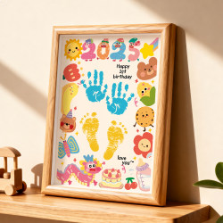 Baby's 100th birthday commemorative photo frame with hand and foot prints