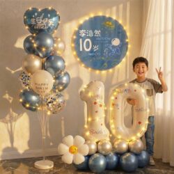 10-Year-Old Boy and Girl Happy Birthday Ceremony Atmosphere Background Wall Balloon Party Scene Decoration