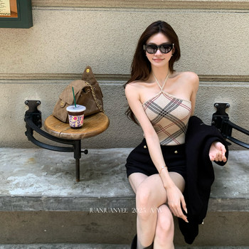 juanjuanyee plaid halterneck knitted suspender women's plaid one-shoulder tube top