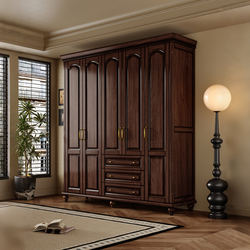 Medieval-Style Solid Wood Wardrobe in Black Walnut Color, Modern Minimalist Double-Door 3456-Door with Drawers and Top Cabinet for Bedroom
