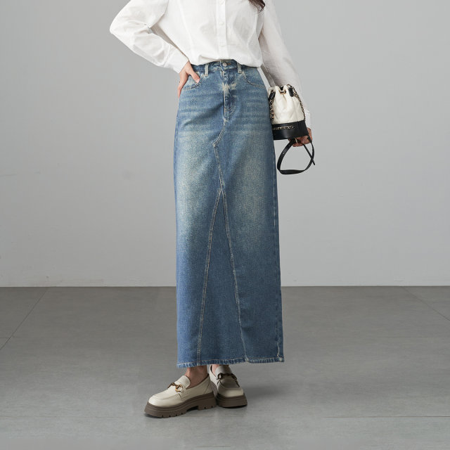 Yalida cold transfer spliced ​​retro denim skirt for women 24 autumn and winter long skirt design sense white high waist skirt