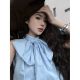 Bow tied sleeveless vest shirt for women in summer loose temperament shirt design sense chic white top
