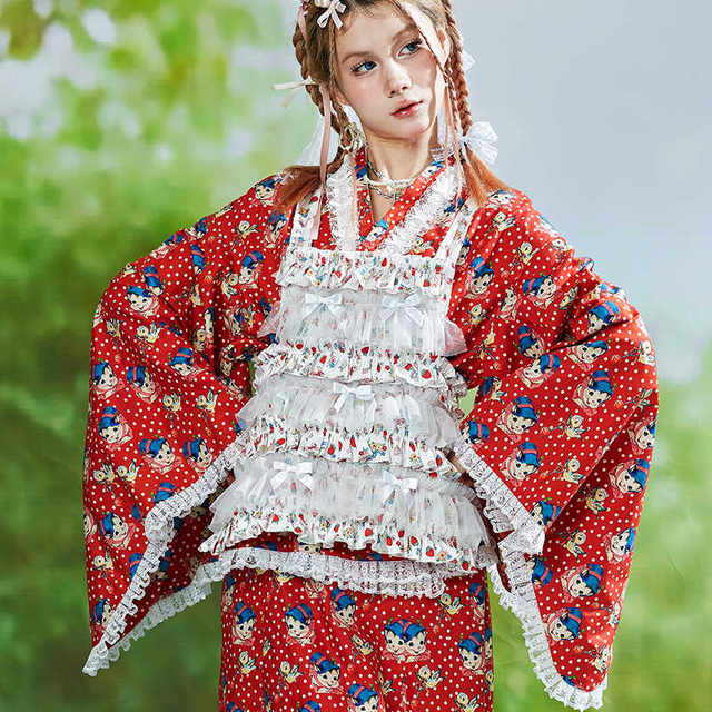 MEME original design sweet and cute Japanese retro layered outfits, bow-shaped white floral girl apron