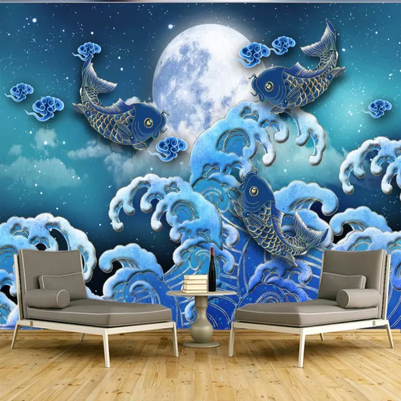 新中式國風潮浪花錦鯉電視背景牆壁畫海天一色藍色錦鯉客廳壁紙3d Taobao