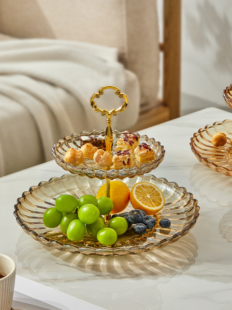 Light Luxury Double-Layer Glass Fruit Plate for Living Room, Home Coffee Table, Snack and Dessert Plate, Afternoon Tea Exquisite Tray, High-End Plate