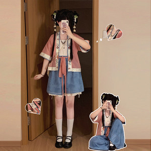 
Tibetan Xianju [Little Koi] Hanfu women's raccoon sleeves double-breasted short shirt in summer new style Han element shorts daily suit