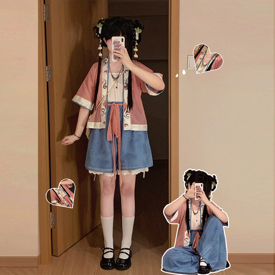 
Tibetan Xianju [Little Koi] Hanfu women's raccoon sleeves double-breasted short shirt in summer new style Han element shorts daily suit