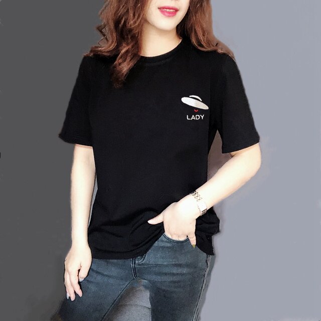2025 summer women's short-sleeved T-shirt black pure cotton letter embroidered round neck Korean version large size half-sleeved slim fit and trendy
