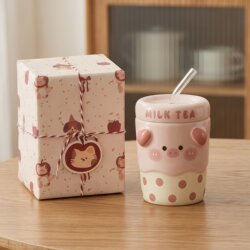 Cute Pig Ceramic Straw Cup with Lid, Mug, Birthday Gift for Girls, Best Friend, Souvenir Gift Box