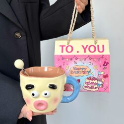 Funny Clown Mug as a Gift for Best Friend, Birthday Gift, Ceramic Cup, Japanese Style Cup, Abstract Feng Shui Cup for Women