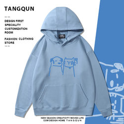 Adorable Night King-Inspired Sweatshirt with Hand-Painted Cartoon Speechless Cat and Dog Design, College Style Couple's Fleece Hoodie