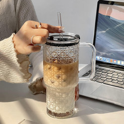 Large-Capacity Straw Cup with Handle, Summer Glass Cup, Water Cup, High-Looking Office Drink Coffee Cup for Office Workers