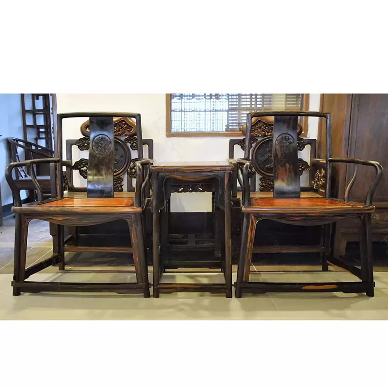 【木】　★ 家具 紅木透彫花鳥紋官帽椅 ★　民国期　鵲 梅花 彫刻文様　明清家具 官帽椅，明代经典之作！-醉木苑红木家具