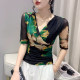Fashion printed V-neck T-shirt for women's mid-sleeved European 2025 new fashionable sexy mesh top slim and small shirt
