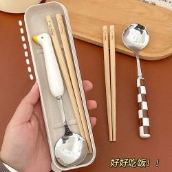 Cute cartoon duck wooden stainless steel spoon chopsticks