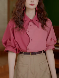 Hong Kong Style Retro Fashion Youthful Short-Sleeved Shirt for Women, New Summer Design, Color-Blocking, Loose and Slimming Top