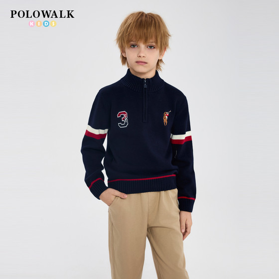 
POLOWALK Children's Clothing Boys Semi-Turn Zipper Sweater Autumn New Paul Children's Pullover Knit Top