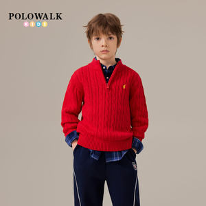 POLOWALK Children's Clothing Boys Semi-zipper Red Sweater Autumn New Paul Children's Casual Warm Knitted Sweater