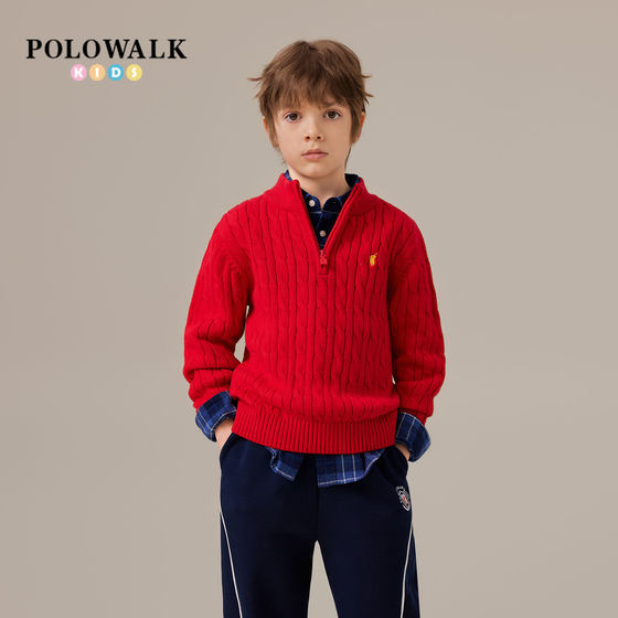 POLOWALK Children's Clothing Boys Semi-zipper Red Sweater Autumn New Paul Children's Casual Warm Knitted Sweater