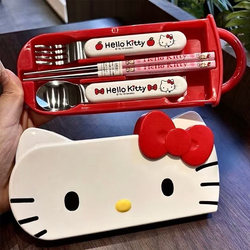 Hello Kt Chopsticks and Spoon Set, One-Person Dining Utensils Storage Box, Student Portable Stainless Steel Chopsticks and Spoon Three-Piece Set